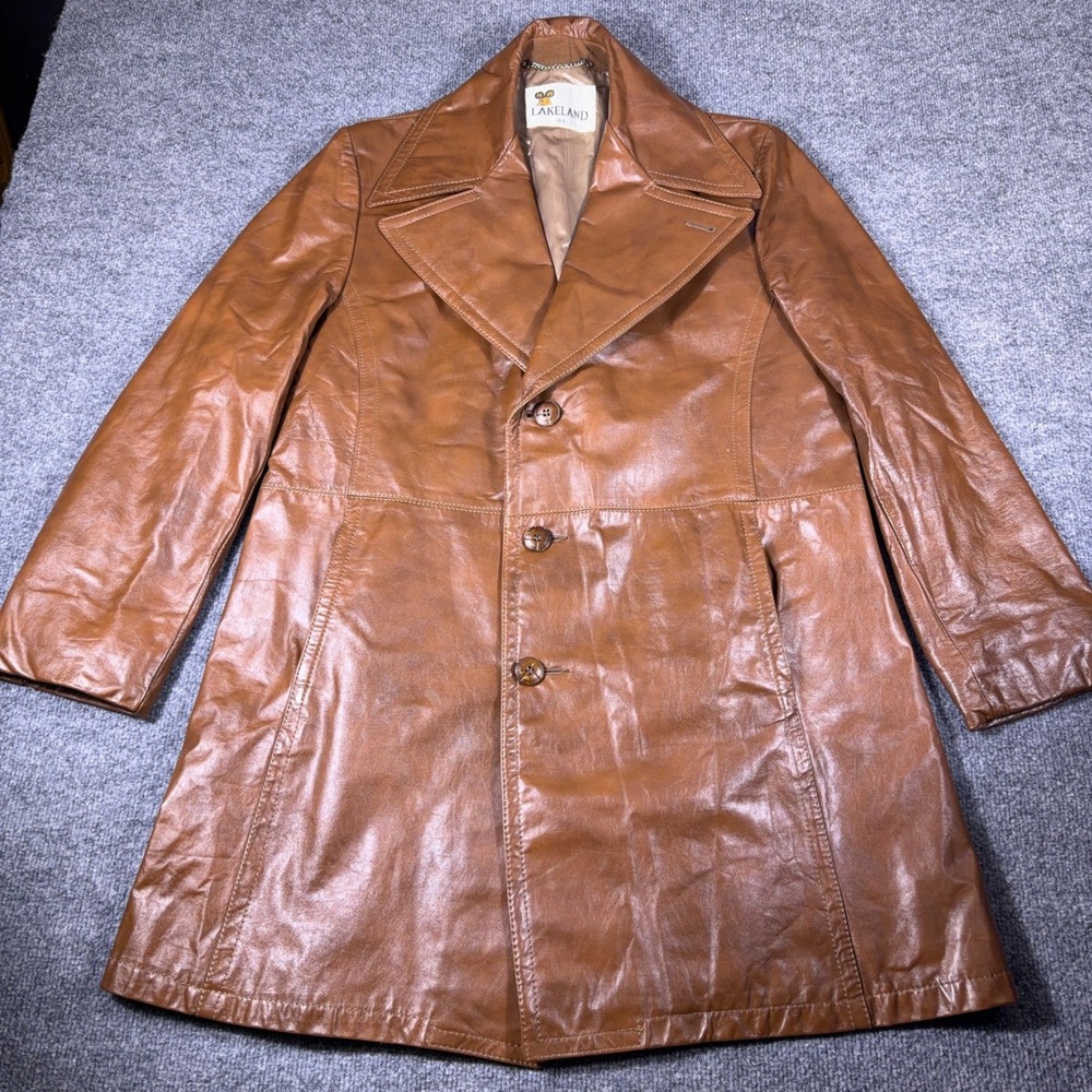 Vintage Lakeland Leather Car Coat Mens 44 Brown Mid Length 70s Trench Jacket